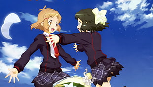 two short blonde and brunette hair girls in black and grey school uniform about to hug under blue sky